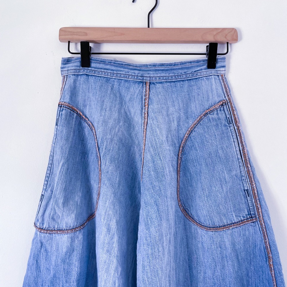 Vintage Denim Midi Skirt Blue Small High Waist A-Line Boho Western Cottage 70s - Picture 2 of 9